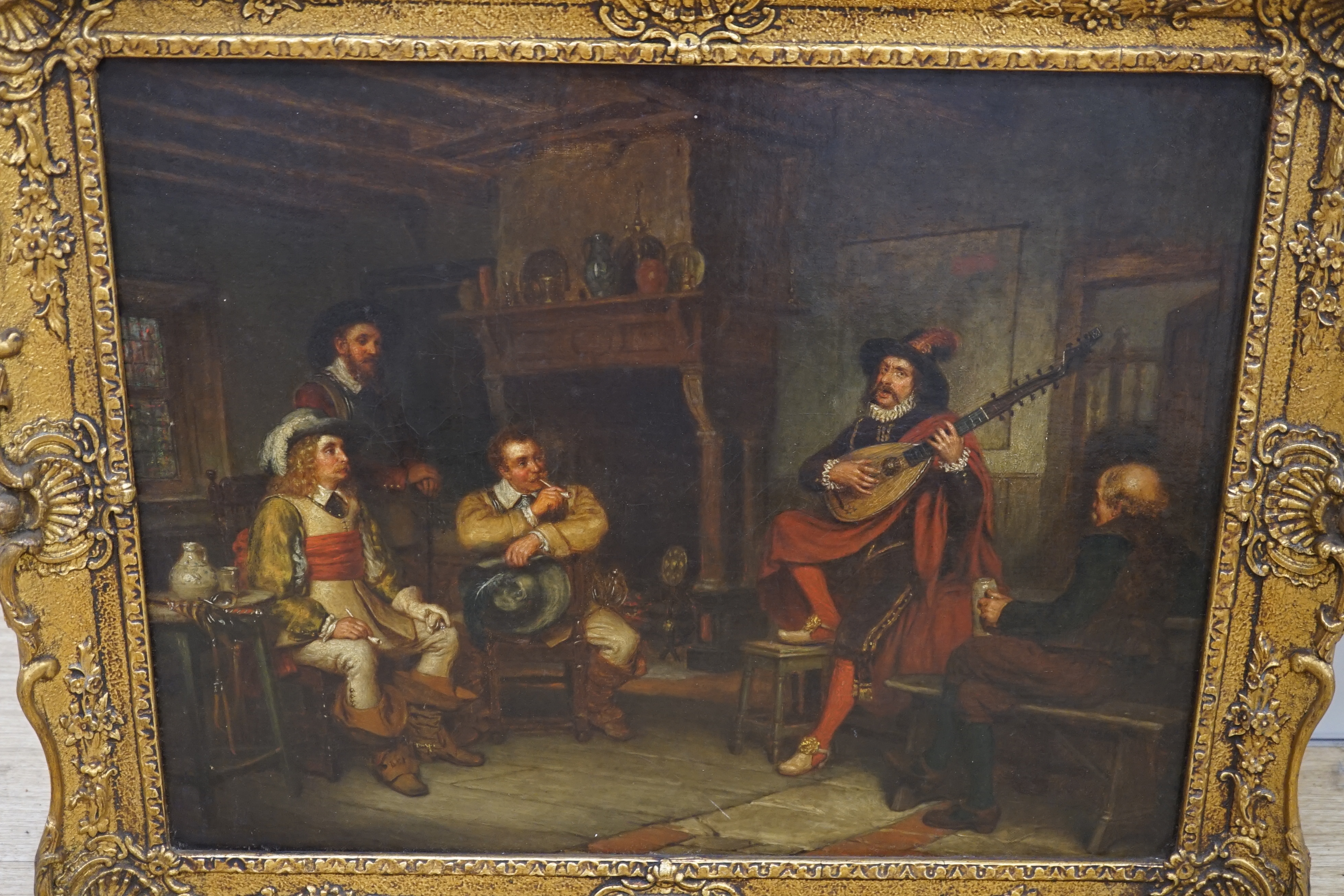 John Watkins Chapman (1853-1903), oil on canvas, 'The Strolling Minstrels' signed and indistinctly dated, possibly 1880, 37 x 47cm, ornate gilt framed. Condition - fair, craquelure and some minor scratches